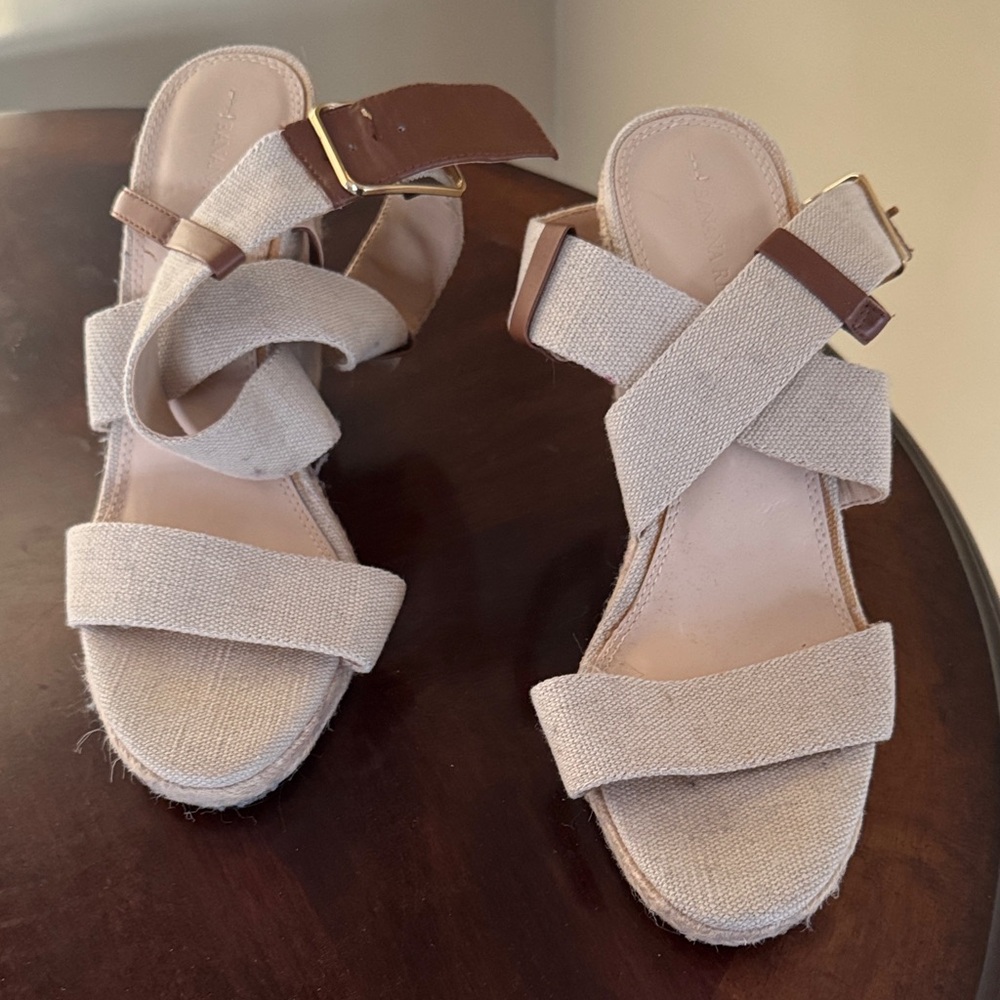 Neutral Canvas Strappy Sandals with Brown Buckle